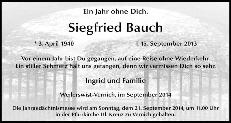  Traueranzeige für Siegfried Bauch vom 13.09.2014 aus Kölner Stadt-Anzeiger / Kölnische Rundschau / Express