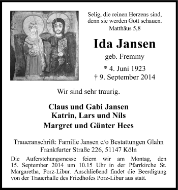 Anzeige von Ida Jansen von Kölner Stadt-Anzeiger / Kölnische Rundschau / Express