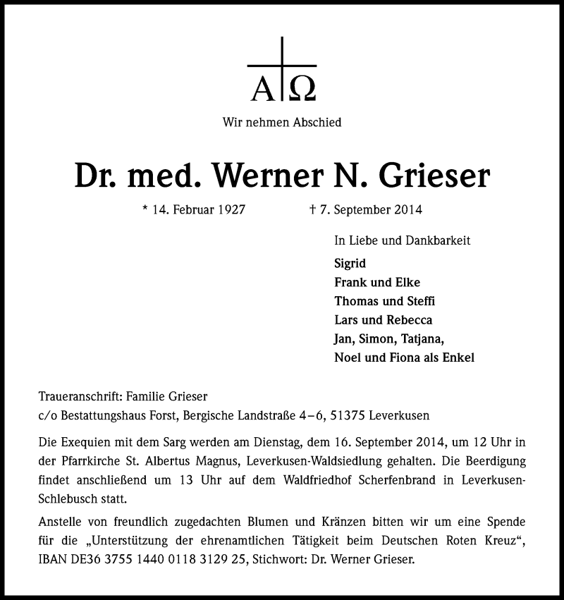  Traueranzeige für Werner N Grieser vom 13.09.2014 aus Kölner Stadt-Anzeiger / Kölnische Rundschau / Express