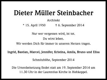 Anzeige von Dieter Müller Steinbacher von Kölner Stadt-Anzeiger / Kölnische Rundschau / Express