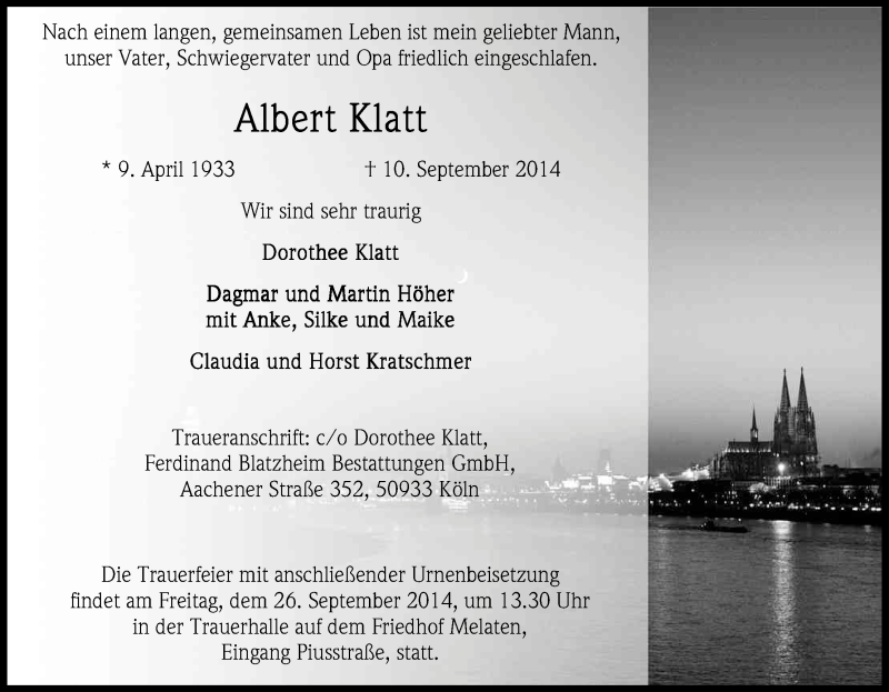  Traueranzeige für Albert Klatt vom 13.09.2014 aus Kölner Stadt-Anzeiger / Kölnische Rundschau / Express