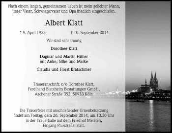 Anzeige von Albert Klatt von Kölner Stadt-Anzeiger / Kölnische Rundschau / Express