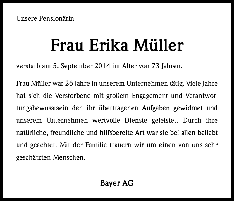  Traueranzeige für Erika Müller vom 12.09.2014 aus Kölner Stadt-Anzeiger / Kölnische Rundschau / Express