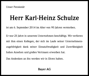 Anzeige von Karl-Heinz Schulze von Kölner Stadt-Anzeiger / Kölnische Rundschau / Express