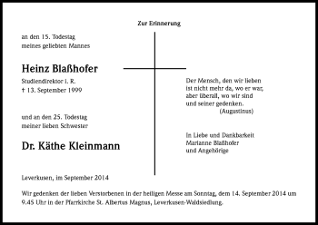 Anzeige von Heinz Blaßhofer von Kölner Stadt-Anzeiger / Kölnische Rundschau / Express