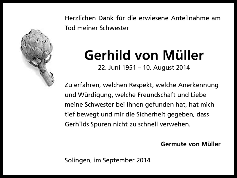  Traueranzeige für Gerhild von Müller vom 13.09.2014 aus Kölner Stadt-Anzeiger / Kölnische Rundschau / Express