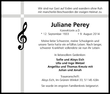 Anzeige von Juliane Perey von Kölner Stadt-Anzeiger / Kölnische Rundschau / Express