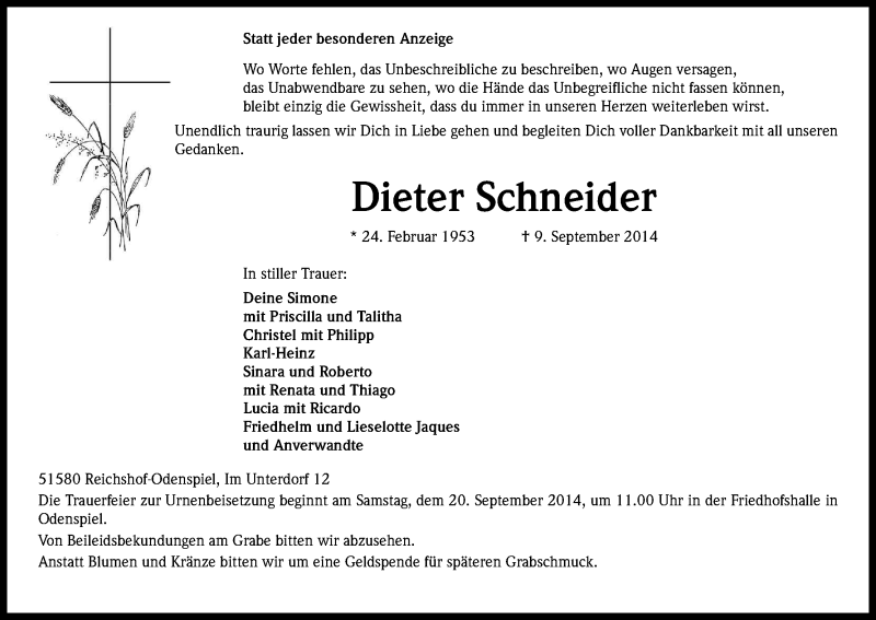  Traueranzeige für Dieter Schneider vom 13.09.2014 aus Kölner Stadt-Anzeiger / Kölnische Rundschau / Express