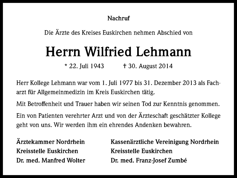  Traueranzeige für Wilfried Lehmann vom 12.09.2014 aus Kölner Stadt-Anzeiger / Kölnische Rundschau / Express