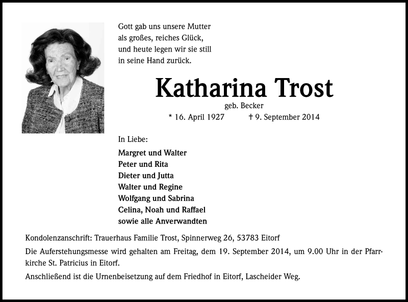  Traueranzeige für Katharina Trost vom 13.09.2014 aus Kölner Stadt-Anzeiger / Kölnische Rundschau / Express
