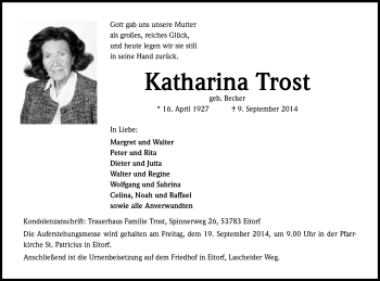 Anzeige von Katharina Trost von Kölner Stadt-Anzeiger / Kölnische Rundschau / Express