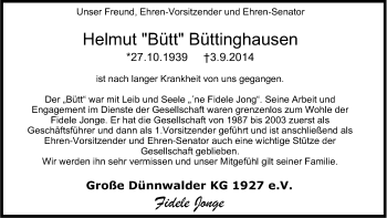 Anzeige von Helmut Bütt Büttinghausen von Kölner Stadt-Anzeiger / Kölnische Rundschau / Express
