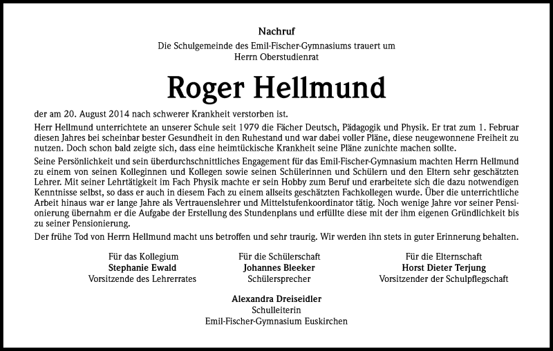  Traueranzeige für Roger Hellmund vom 13.09.2014 aus Kölner Stadt-Anzeiger / Kölnische Rundschau / Express
