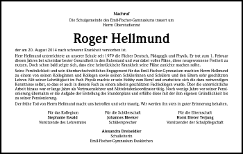 Anzeige von Roger Hellmund von Kölner Stadt-Anzeiger / Kölnische Rundschau / Express