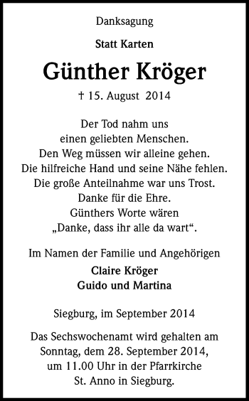 Anzeige von Günther Kröger von Kölner Stadt-Anzeiger / Kölnische Rundschau / Express