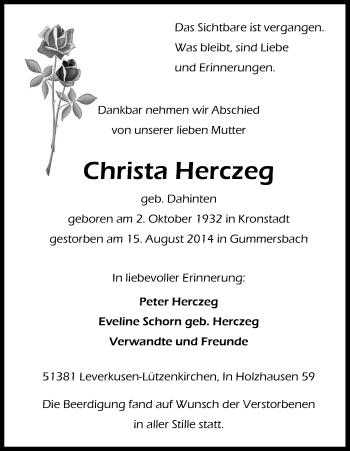 Anzeige von Christa Herczeg von Kölner Stadt-Anzeiger / Kölnische Rundschau / Express