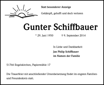Anzeige von Gunter Schiffbauer von Kölner Stadt-Anzeiger / Kölnische Rundschau / Express