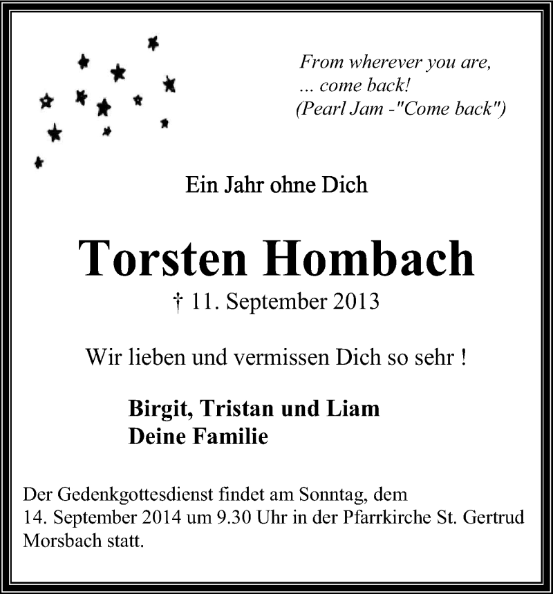  Traueranzeige für Torsten Hornbach vom 12.09.2014 aus Kölner Stadt-Anzeiger / Kölnische Rundschau / Express