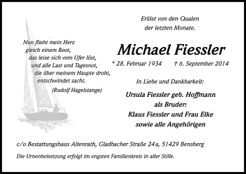 Anzeige von Michael Fiessler von Kölner Stadt-Anzeiger / Kölnische Rundschau / Express