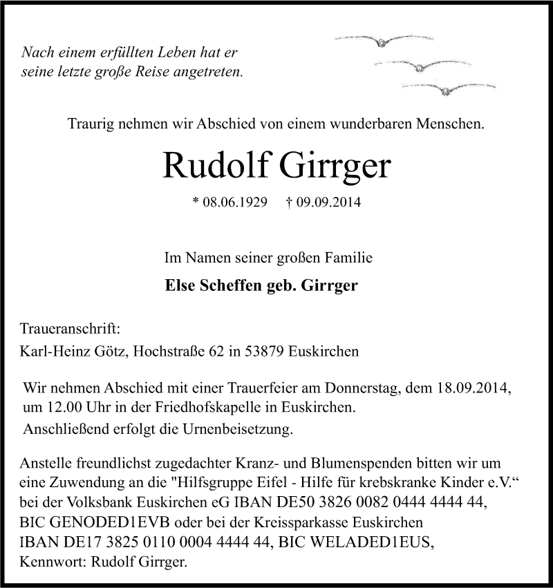  Traueranzeige für Rudolf Girrger vom 13.09.2014 aus Kölner Stadt-Anzeiger / Kölnische Rundschau / Express