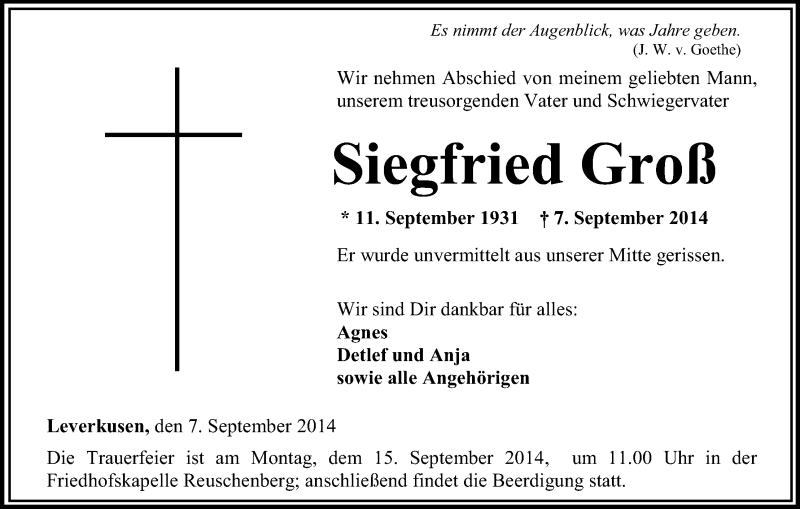  Traueranzeige für Siegfried Groß vom 12.09.2014 aus Kölner Stadt-Anzeiger / Kölnische Rundschau / Express