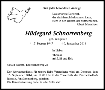 Anzeige von Hildegard Schnorrenberg von Kölner Stadt-Anzeiger / Kölnische Rundschau / Express