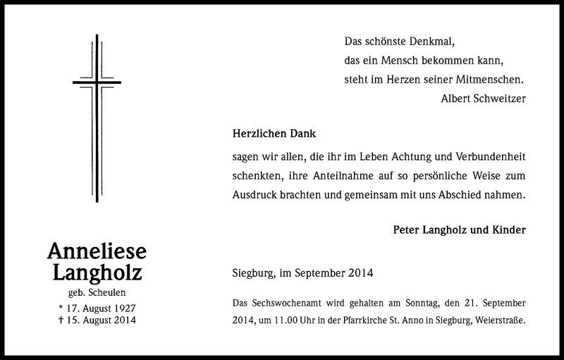  Traueranzeige für Anneliese Langholz vom 13.09.2014 aus Kölner Stadt-Anzeiger / Kölnische Rundschau / Express