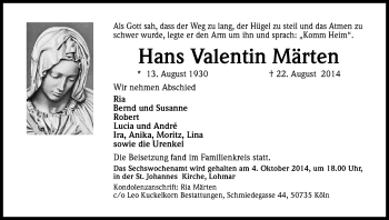 Anzeige von Hans Valentin Märten von Kölner Stadt-Anzeiger / Kölnische Rundschau / Express