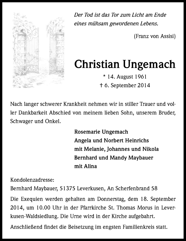  Traueranzeige für Christian Ungemach vom 13.09.2014 aus Kölner Stadt-Anzeiger / Kölnische Rundschau / Express