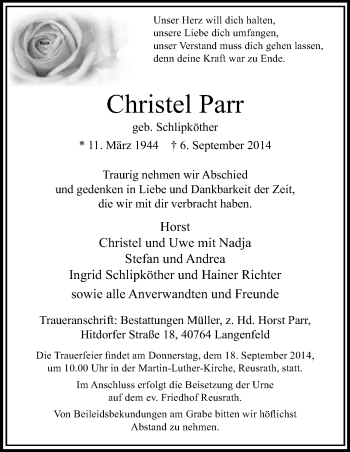 Anzeige von Christel Parr von Kölner Stadt-Anzeiger / Kölnische Rundschau / Express