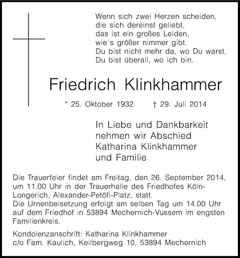  Traueranzeige für Friedrich Klinkhammer vom 20.09.2014 aus Kölner Stadt-Anzeiger / Kölnische Rundschau / Express