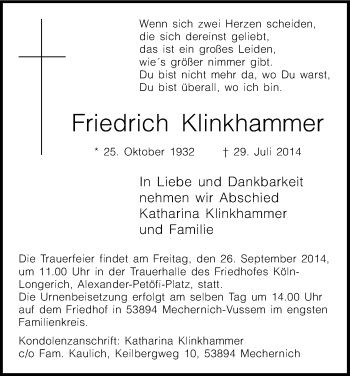 Anzeige von Friedrich Klinkhammer von Kölner Stadt-Anzeiger / Kölnische Rundschau / Express