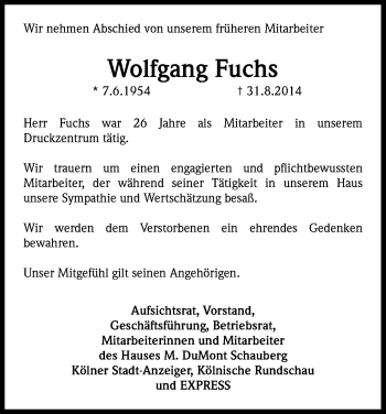 Anzeige von Wolfgang Fuchs von Kölner Stadt-Anzeiger / Kölnische Rundschau / Express
