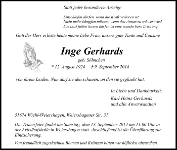 Anzeige von Inge Gerhards von Kölner Stadt-Anzeiger / Kölnische Rundschau / Express