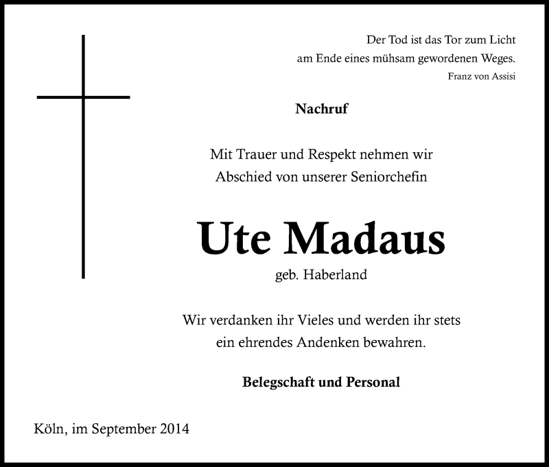  Traueranzeige für Ute Madaus vom 16.09.2014 aus Kölner Stadt-Anzeiger / Kölnische Rundschau / Express