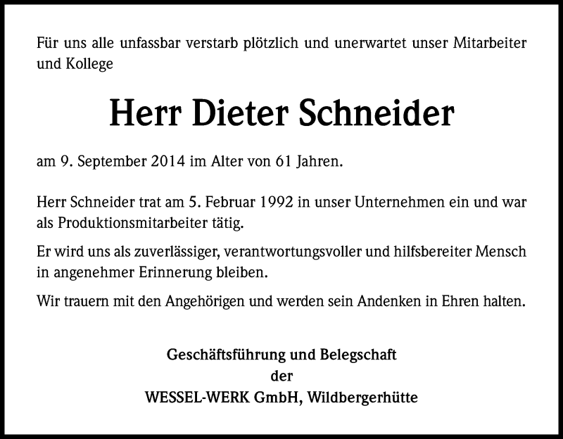  Traueranzeige für Dieter Schneider vom 13.09.2014 aus Kölner Stadt-Anzeiger / Kölnische Rundschau / Express