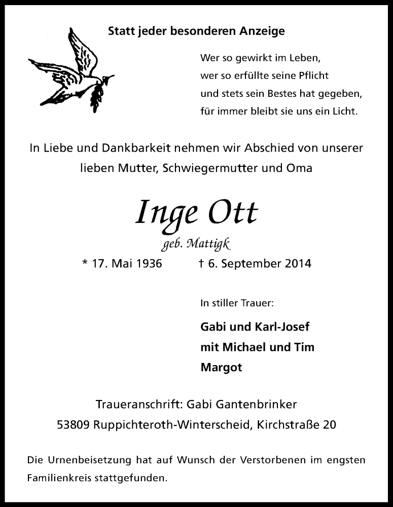  Traueranzeige für Inge Ott vom 15.09.2014 aus Kölner Stadt-Anzeiger / Kölnische Rundschau / Express