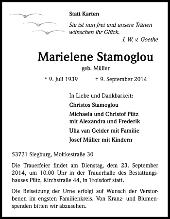 Anzeige von Marielene Stamoglou von Kölner Stadt-Anzeiger / Kölnische Rundschau / Express