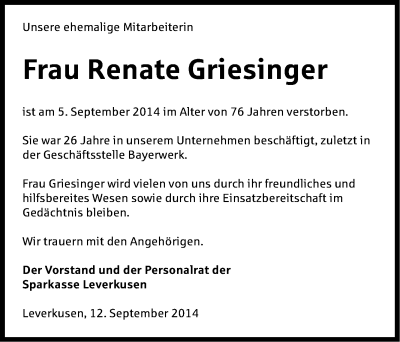  Traueranzeige für Renate Griesinger vom 12.09.2014 aus Kölner Stadt-Anzeiger / Kölnische Rundschau / Express