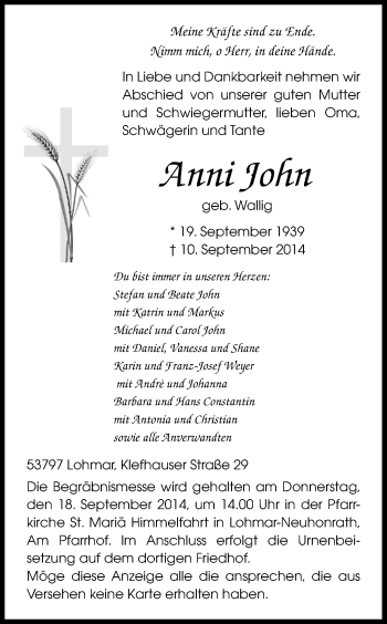 Anzeige von Anni John von Kölner Stadt-Anzeiger / Kölnische Rundschau / Express