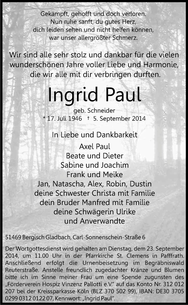  Traueranzeige für Ingrid Pau vom 13.09.2014 aus Kölner Stadt-Anzeiger / Kölnische Rundschau / Express
