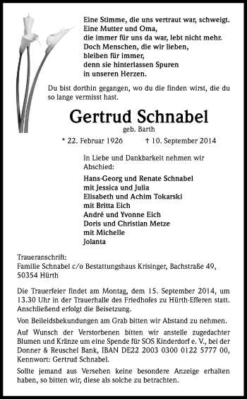 Anzeige von Gertrud Schnabel von Kölner Stadt-Anzeiger / Kölnische Rundschau / Express