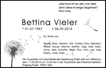 Anzeige von Bettina Vieler von Kölner Stadt-Anzeiger / Kölnische Rundschau / Express