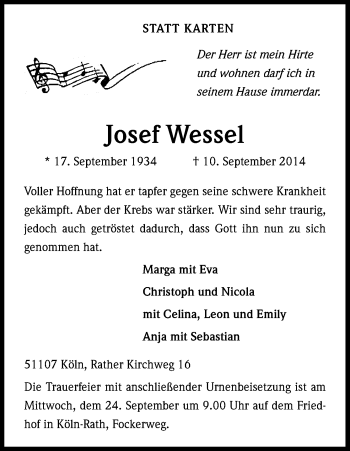 Anzeige von Josef Wessel von Kölner Stadt-Anzeiger / Kölnische Rundschau / Express