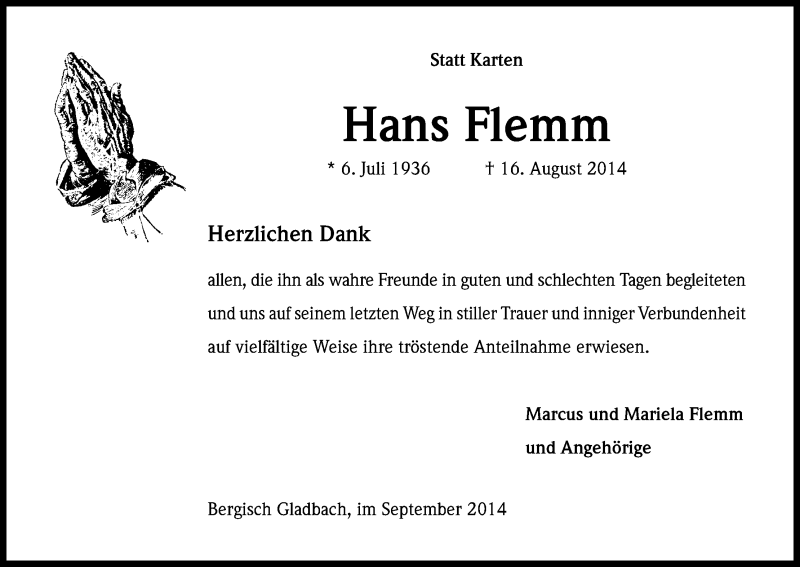  Traueranzeige für Hans Flemm vom 13.09.2014 aus Kölner Stadt-Anzeiger / Kölnische Rundschau / Express