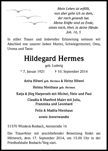 Anzeige von Hildegard Hermes von Kölner Stadt-Anzeiger / Kölnische Rundschau / Express