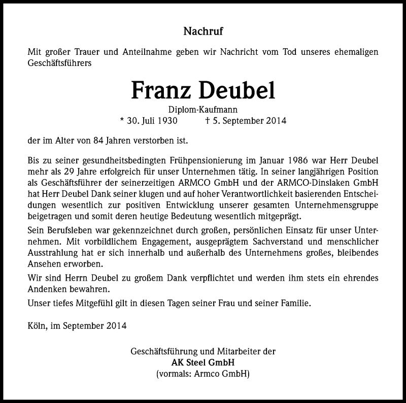  Traueranzeige für Franz Deubel vom 13.09.2014 aus Kölner Stadt-Anzeiger / Kölnische Rundschau / Express