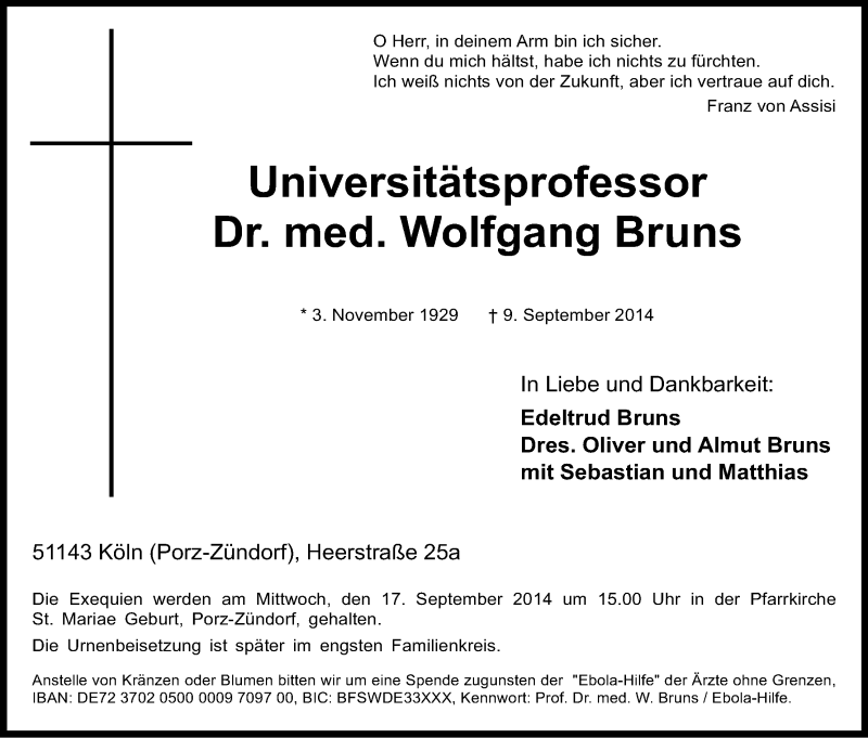 Traueranzeige für Wolfgang Bruns vom 13.09.2014 aus Kölner Stadt-Anzeiger / Kölnische Rundschau / Express