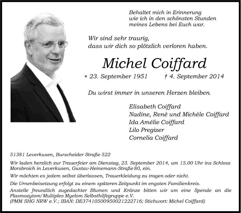  Traueranzeige für Michel Coiffard vom 13.09.2014 aus Kölner Stadt-Anzeiger / Kölnische Rundschau / Express