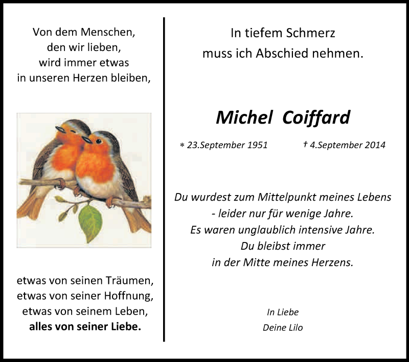  Traueranzeige für Michel Coiffard vom 13.09.2014 aus Kölner Stadt-Anzeiger / Kölnische Rundschau / Express